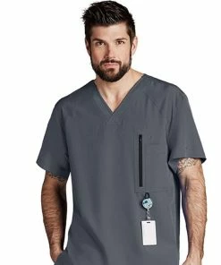 Barco One Clearance Men's V-Neck Zip Pocket Solid Scrub Top
