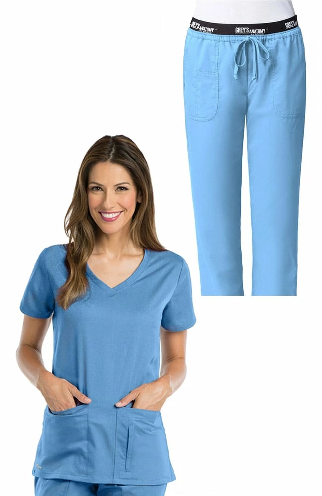 Grey's Anatomy Women's V-Neck Solid Scrub Top & Logo Elastic Waist Drawstring Scrub Pant Set 3 Grey's Anatomy Women's V-Neck Solid Scrub Top & Logo Elastic Waist Drawstring Scrub Pant Set