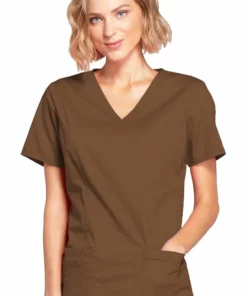 Cherokee Workwear Clearance Women's Mock Wrap Princess Seam Solid Scrub Top