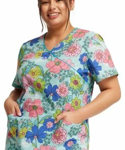 Cherokee Women's Mock Wrap Retro Buds Print Scrub Top