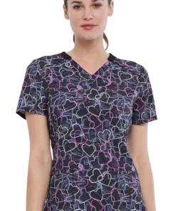 Cherokee Clearance Women's Marbled Hearts Print Scrub Top