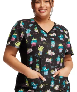 Cherokee Women's Knit Panel Feline Fan-cactus Print Scrub Top
