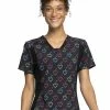 Cherokee Clearance Women's Knit Panel Hearts On The Line Print Scrub Top -Cherokee Shop 1 ck ck641 printclearancehol 650