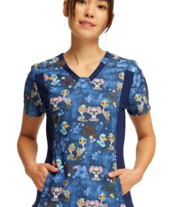 Cherokee Women's V-Neck Knit Panel Easily Emu-sed Print Scrub Top