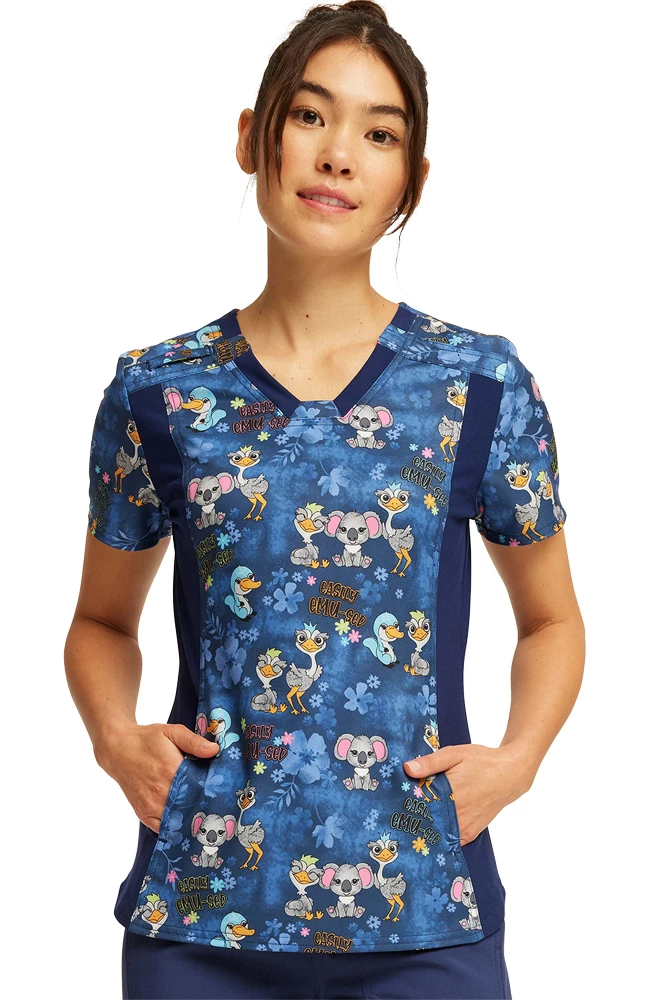 Cherokee Women's V-Neck Knit Panel Easily Emu-sed Print Scrub Top 3 Cherokee Women's V-Neck Knit Panel Easily Emu-sed Print Scrub Top