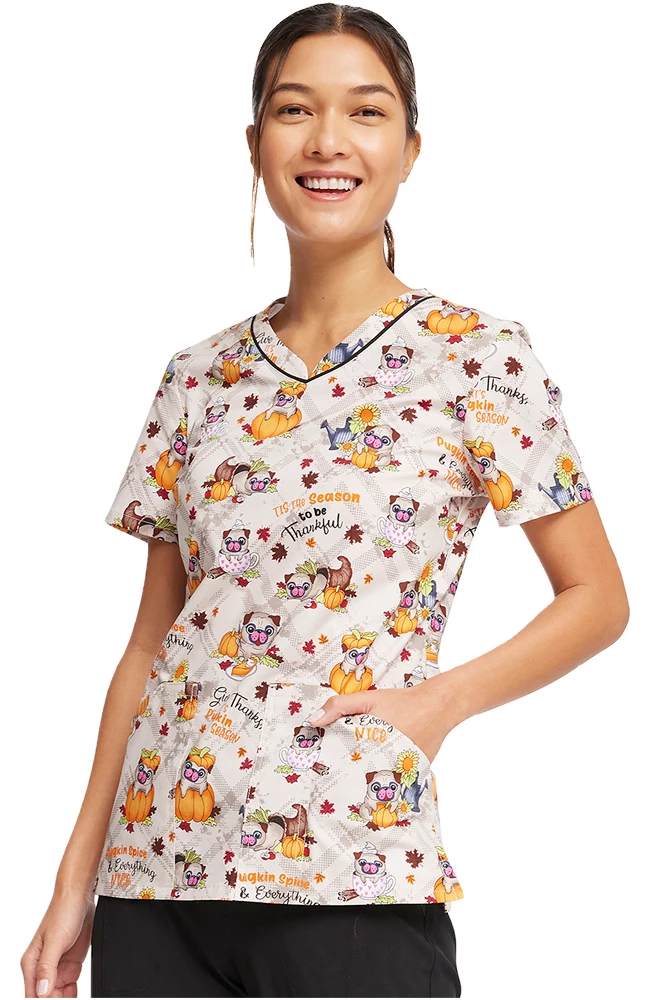 Cherokee Women's Pugkin Spice Season Print Scrub Top 3 Cherokee Women's Pugkin Spice Season Print Scrub Top