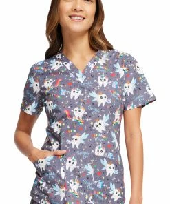 Cherokee Women's Toothicorn Magic Print Scrub Top