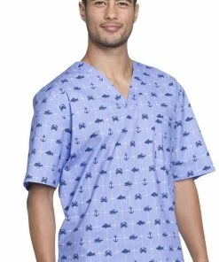 Cherokee Clearance Men's V-Neck Nautical Print Scrub Top