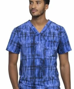 Cherokee Clearance Men's Plaid Tie Dye Print Scrub Top