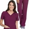 Cherokee Women's V-Neck Knit Back Solid Scrub Top & Knit Waistband Pull On Scrub P