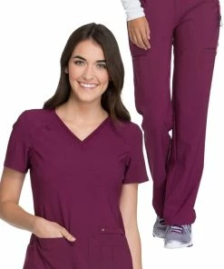 Cherokee Women's V-Neck Knit Back Solid Scrub Top & Knit Waistband Pull On Scrub P