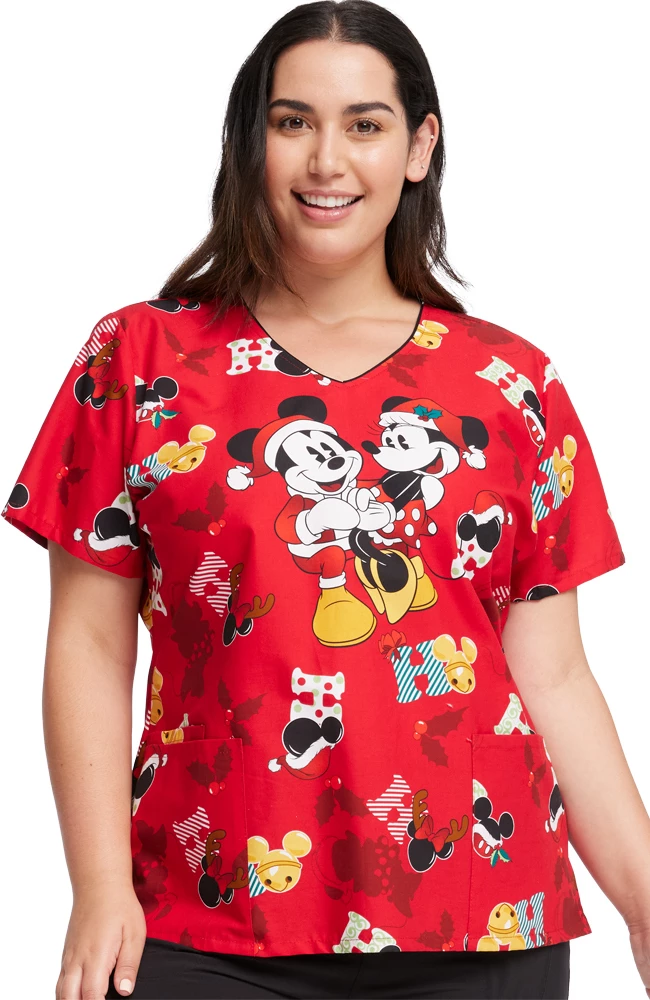 Cherokee Women's Mickey Holiday Cheer Print Scrub Top 3 Cherokee Women's Mickey Holiday Cheer Print Scrub Top