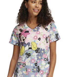 Cherokee Women's Many Minnie Flowers Print Scrub Top