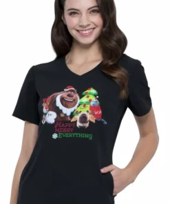 Cherokee Clearance Women's V-Neck Holly Jolly Pets Print Scrub Top