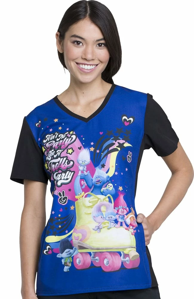 Cherokee Clearance Women's V-Neck Knit Panel Trolls Print Scrub Top 3 Cherokee Clearance Women's V-Neck Knit Panel Trolls Print Scrub Top