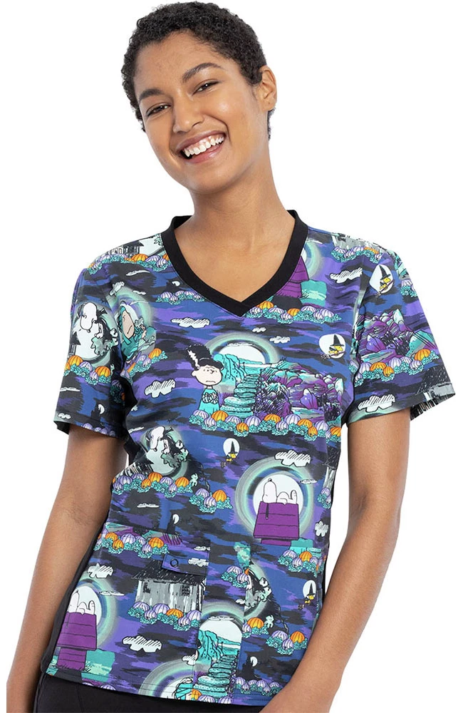 Cherokee Clearance Women's Midnight Pumpkin Print Scrub Top 3 Cherokee Clearance Women's Midnight Pumpkin Print Scrub Top