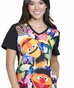 Cherokee Clearance Women's V-Neck Contrast Back Sesame Street Print Scrub Top