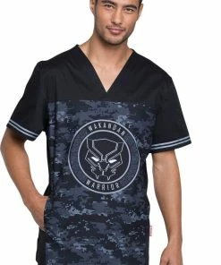 Cherokee Clearance Men's V-Neck Black Panther Print Scrub Top