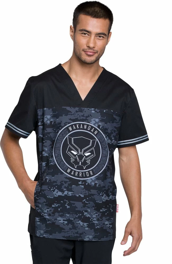 Cherokee Clearance Men's V-Neck Black Panther Print Scrub Top 3 Cherokee Clearance Men's V-Neck Black Panther Print Scrub Top