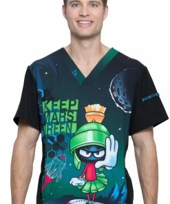 Cherokee Clearance Men's V-Neck Keep Mars Green Print Scrub Top