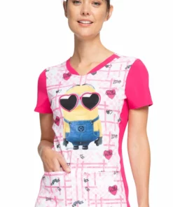 Cherokee Clearance Women's Smitten Minion Print Scrub Top