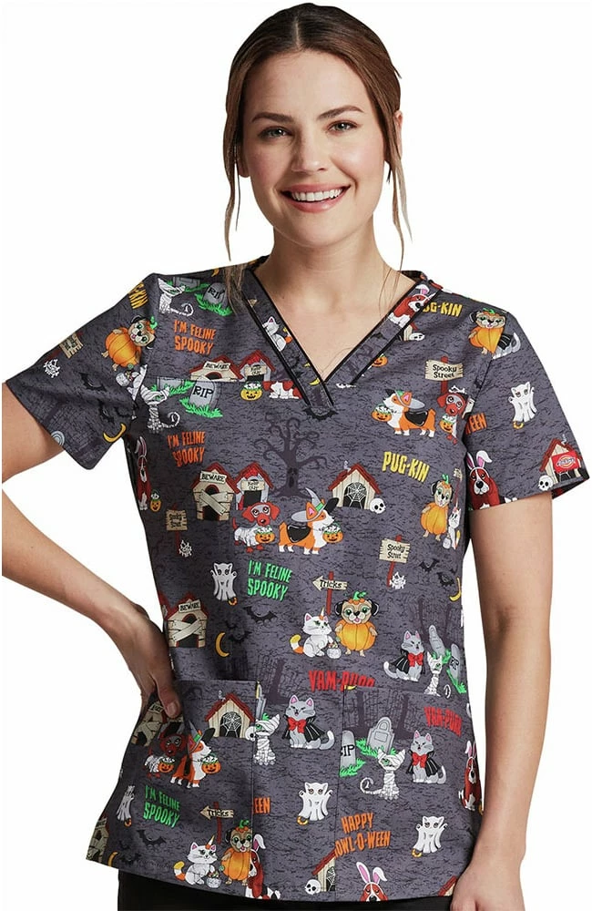 Dickies Clearance Women's Howl-Oween Friends Print Scrub Top 3 Dickies Clearance Women's Howl-Oween Friends Print Scrub Top