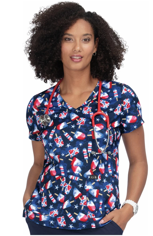 Koi Clearance Women's Leslie American Pops Print Scrub Top 3 Koi Clearance Women's Leslie American Pops Print Scrub Top