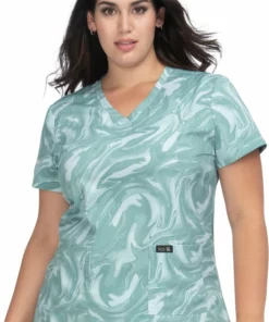 Koi Women's Leslie Sage All Over Marble Print Scrub Top