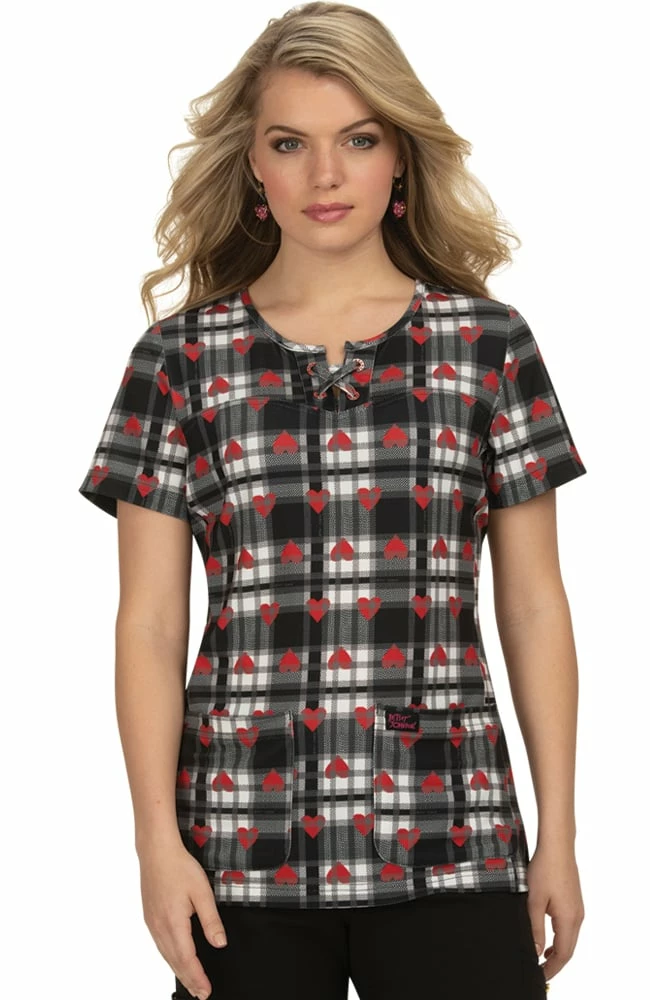 Koi Clearance Women's Clover Heart Plaid Print Scrub Top 3 Koi Clearance Women's Clover Heart Plaid Print Scrub Top