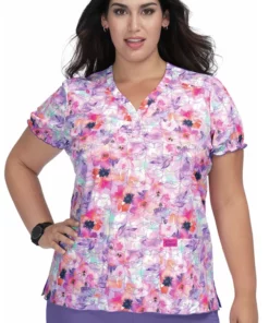 Koi Clearance Women's Blossom Floral Dream Kitty Print Scrub Top
