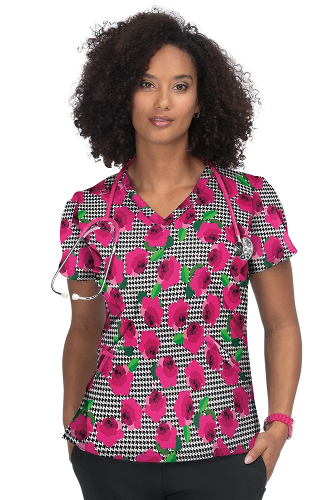 Koi Clearance Women's Doll Houndstooth Rose Print Scrub Top 3 Koi Clearance Women's Doll Houndstooth Rose Print Scrub Top