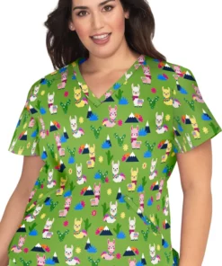 Koi Women's Doll V-Neck Spring Llama Print Scrub Top