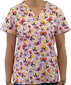 Maevn Uniforms Women's Candy Of Butterfly Print Scrub Top