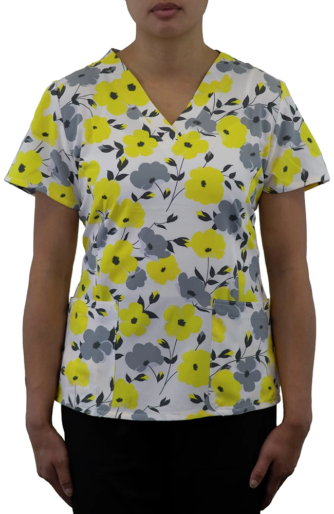 Maevn Uniforms Women's Curved V-Neck Sunshine Blossoms Print Top 3 Maevn Uniforms Women's Curved V-Neck Sunshine Blossoms Print Top