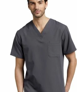 White Cross Men's V-Neck Chest Pocket Solid Scrub Top
