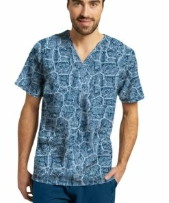White Cross Clearance Men's River Stone Navy Print Scrub Top