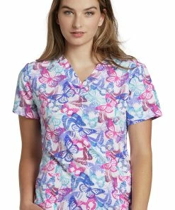White Cross Clearance Women's Painted Butterfly Print Scrub Top