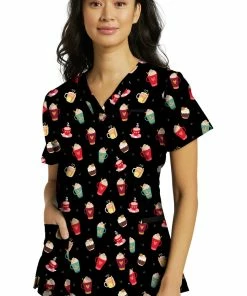 White Cross Clearance Women's Cosy Drinks Print Scrub Top