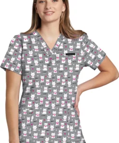 White Cross Clearance Women's Love Cats Print Scrub Top