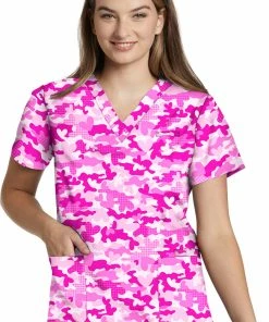 White Cross Clearance Women's Love Rose Camo Print Scrub Top