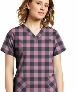 White Cross Clearance Women's Orchid Plaid Print Scrub Top
