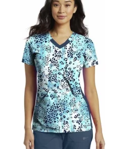 White Cross Clearance Women's Splash Of Wild Blue Print Scrub Top