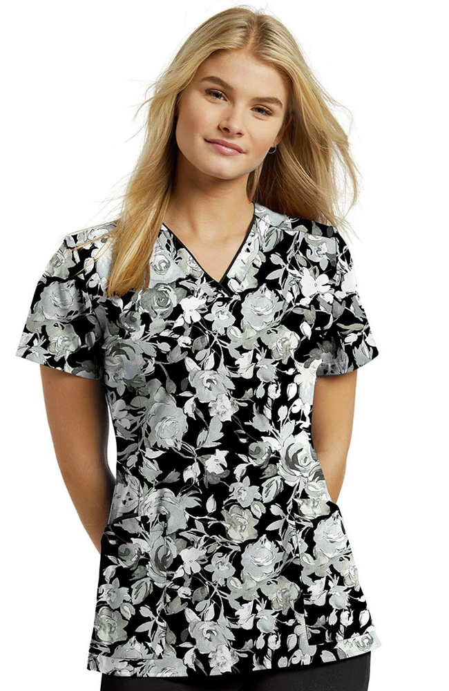 White Cross Clearance Women's Black Flowers Print Scrub Top 3 White Cross Clearance Women's Black Flowers Print Scrub Top