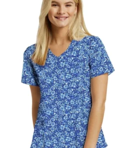 White Cross Clearance Women's Blue Posies Print Scrub Top