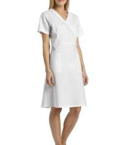 White Cross Women's Pleated Mock Wrap Scrub Dress