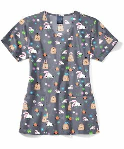 Zoe And Chloe Women's V-Neck Hello Spring Print Scrub Top