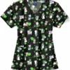 Zoe And Chloe Women's V-Neck Happy Go Lucky Print Scrub Top