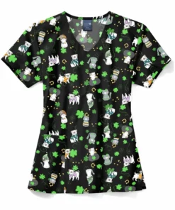 Zoe And Chloe Women's V-Neck Happy Go Lucky Print Scrub Top