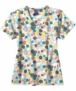 Zoe And Chloe Clearance Women's Mock Wrap All Smiles Print Scrub Top