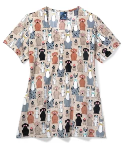 Zoe And Chloe Clearance Women's Diamond Neck Buster & Tiny Print Scrub Top